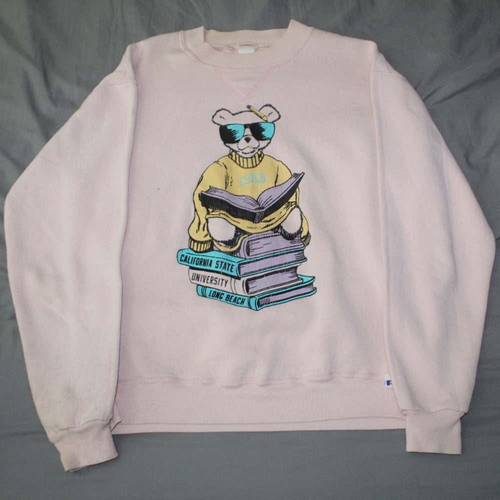 Spirit Wear CSULB Bear and books pink crewneck